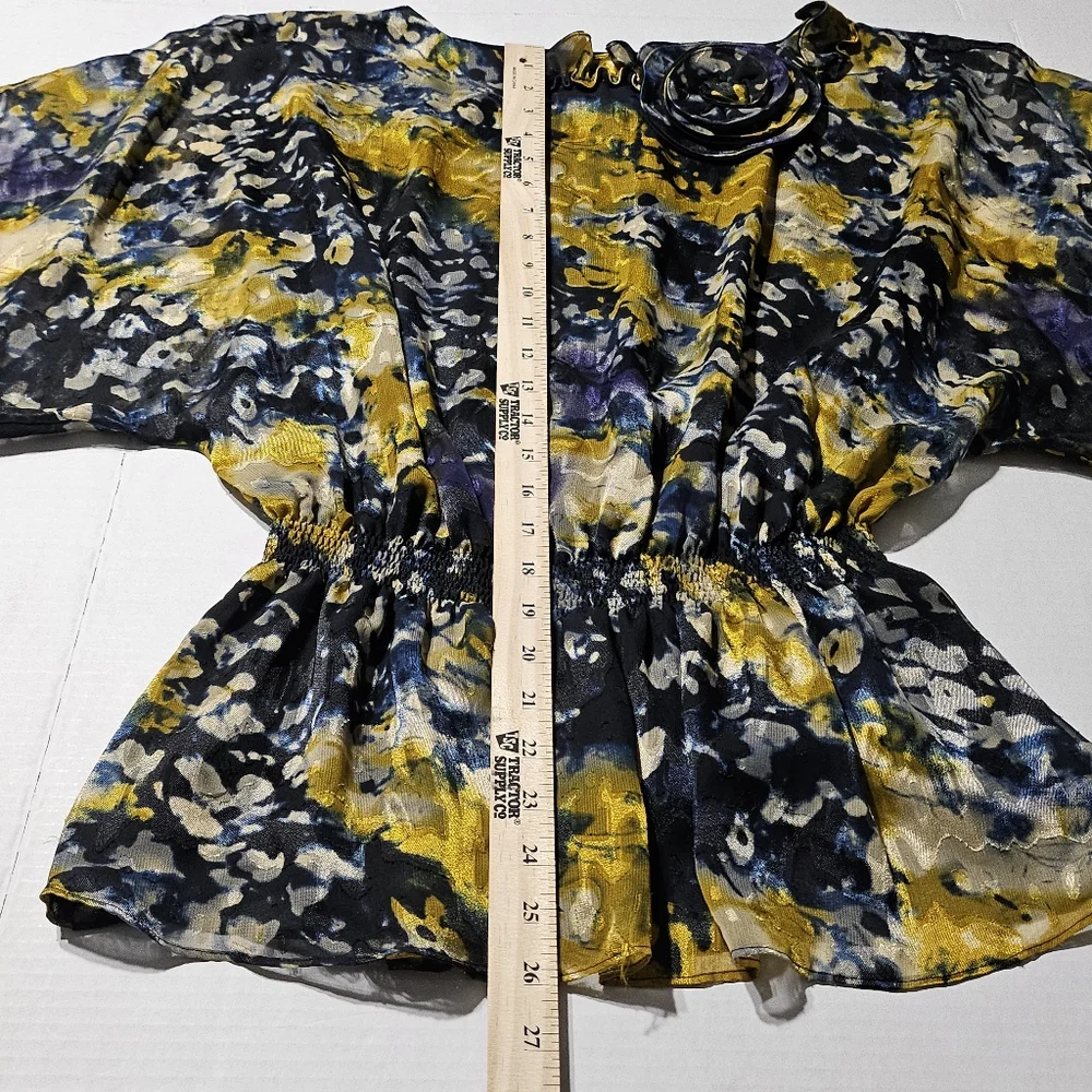 Vtg Jeanne Alexander Abstract Blouse Gathered Mid-Section Open Sleeve Womens Med - Picture 2 of 9